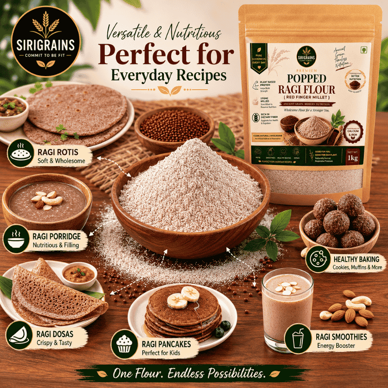Popped Red Finger Millet Flour Used for Ragi Malt Porridge Laddus Healthy Drinks and Traditional Homemade Recipes by Sirigrains