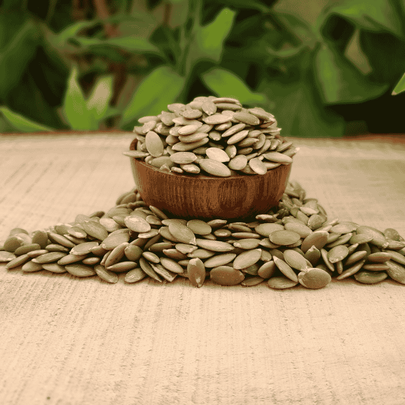 Fresh Raw Pumpkin Seeds Pepita in Wooden Bowl Showing Natural Green Color Premium Quality and Crunch by Sirigrains