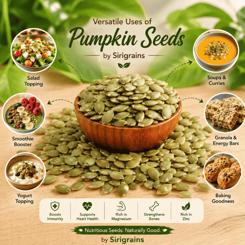 Pumpkin Seeds Added to Smoothie Bowls Oats Salads Yogurt Granola and Healthy Homemade Recipes by Sirigrains
