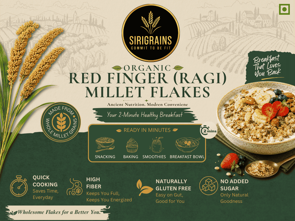 SiriGrains Organic Ragi Millet Flakes Premium Red Finger Millet Whole Grain Breakfast Naturally Gluten Free Ready to Cook.