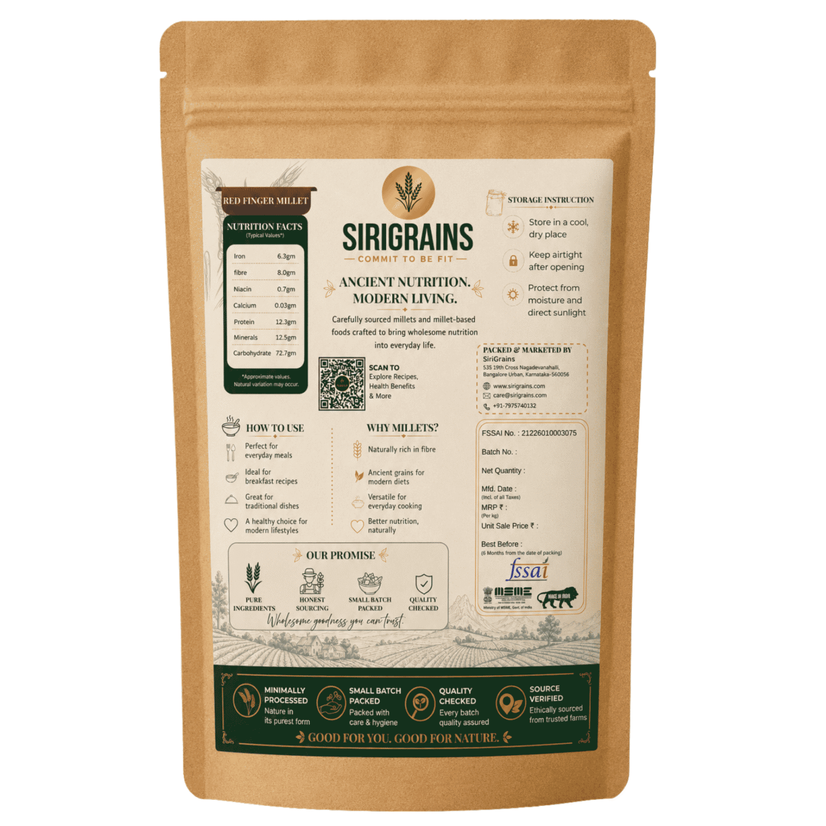 SiriGrains Organic Ragi Millet Flakes Showing Nutrition Facts Preparation Guide Storage Instructions and Product Information