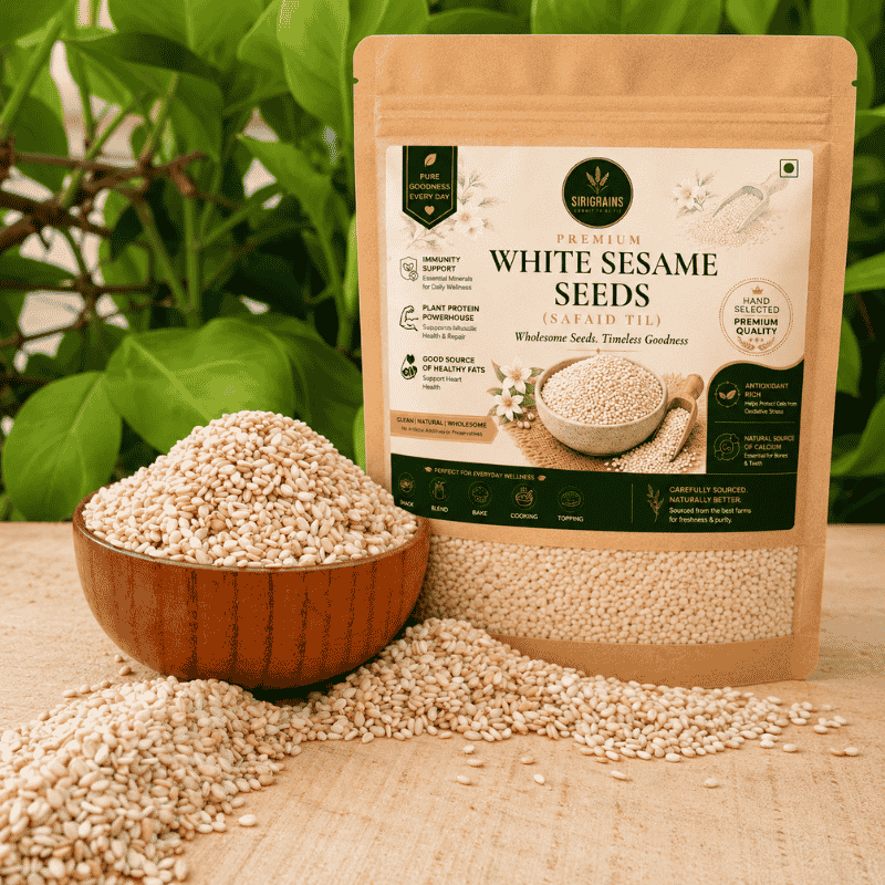 Premium White Sesame Seeds Til in Wooden Bowl Natural Calcium Rich Healthy Seeds Sirigrains