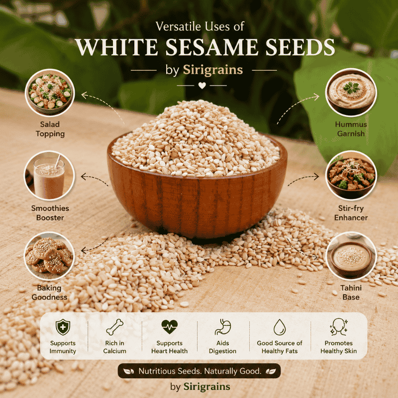 Premium White Sesame Seeds for Chutneys Baking Salads Smoothies and Healthy Recipes Sirigrains