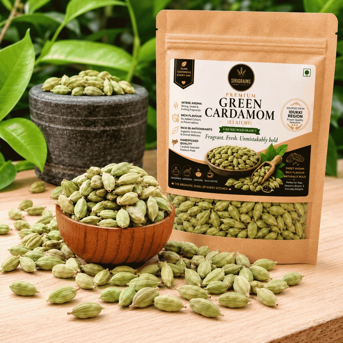 Premium Idukki Green Cardamom Whole Pods Luxury Spice Photography Sirigrains Choti Elaichi