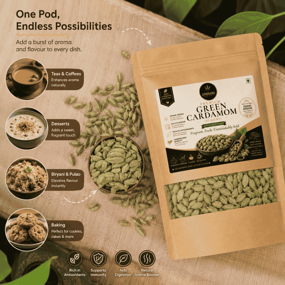 Green Cardamom Choti Elaichi for Tea Chai Biryani Desserts Sweets and Traditional Recipes Sirigrains